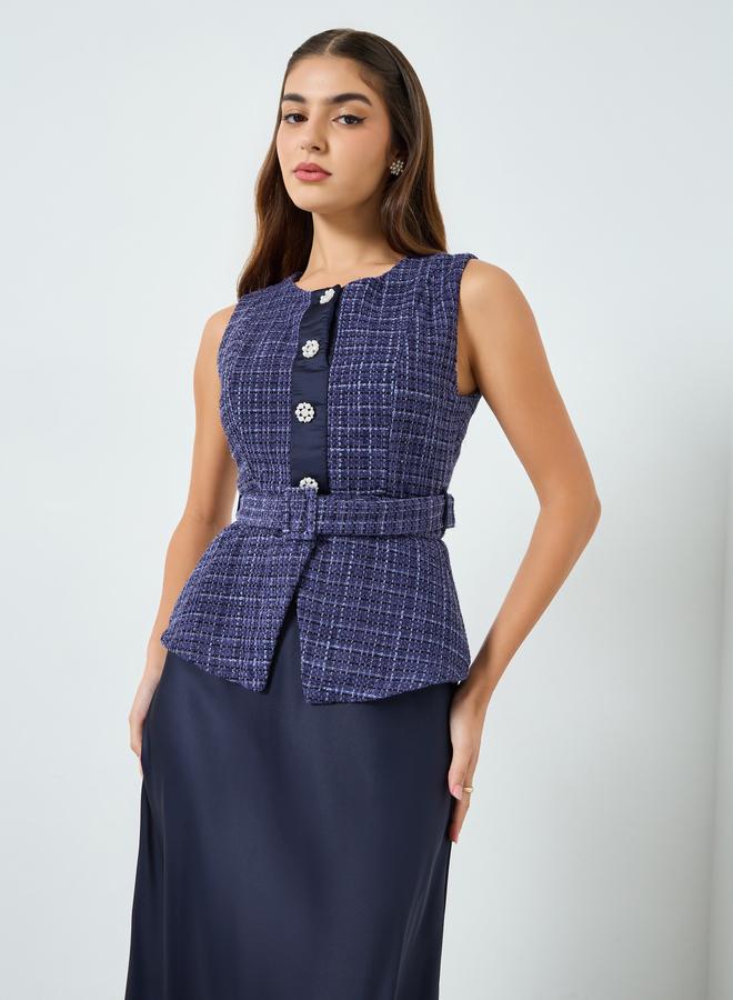 Styli Women Belted Tweed Look Midi Dress - Image 3